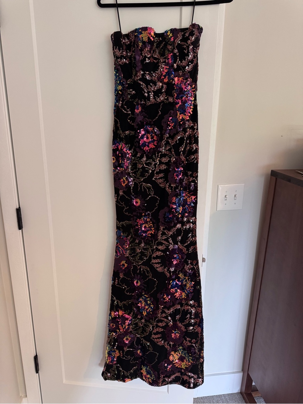 Strapless Black Sequin Floral Evening Gown